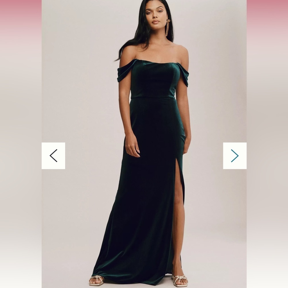 Jenny Yoo Issa Off-The-Shoulder Stretch Velvet Column Gown 2 Color: DARK EMERALD